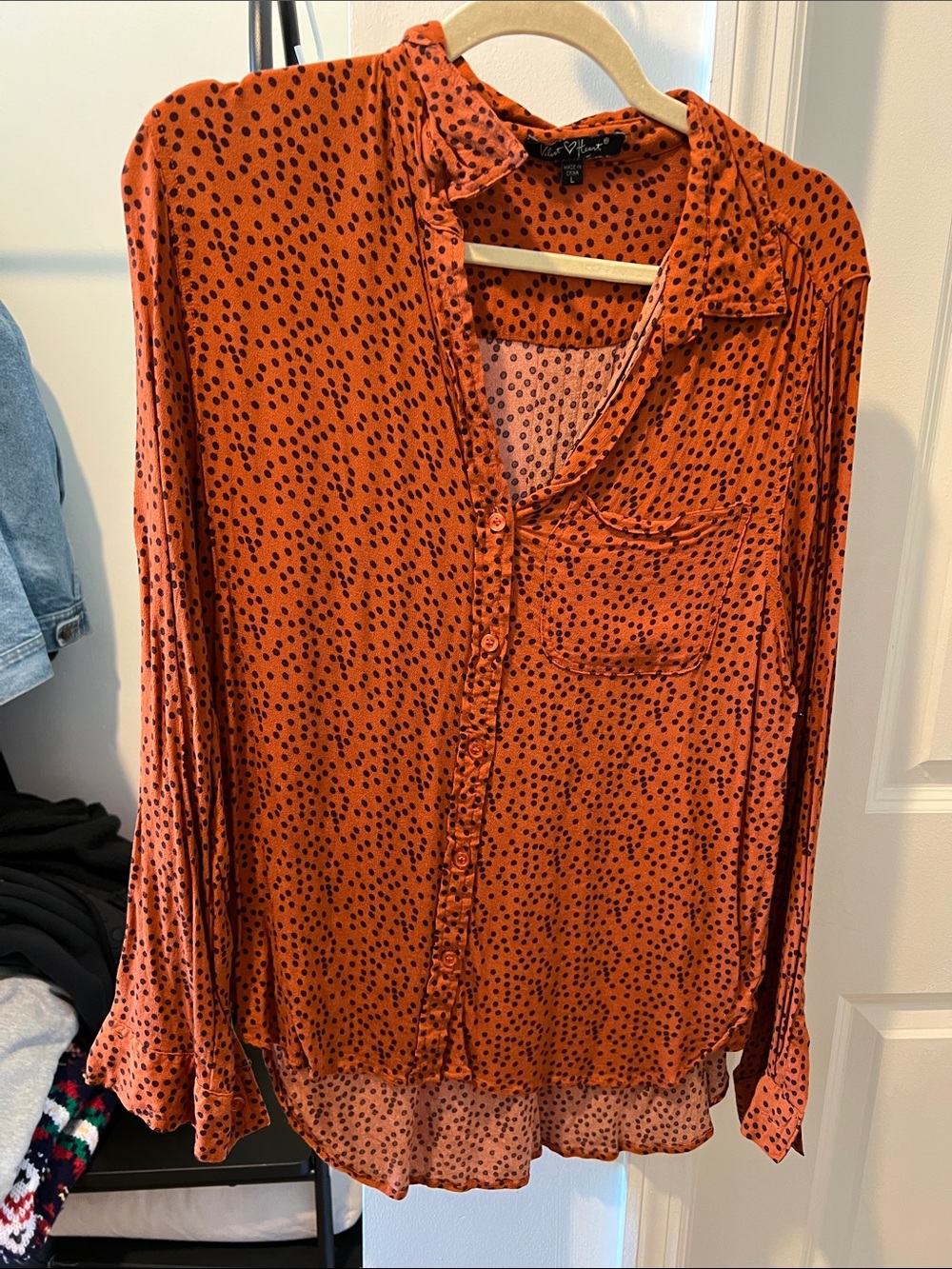 Velvet Heart Orange Button-Down Shirt with Black Dot Print